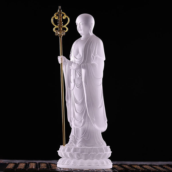 Ksitigarbha Liuli Crystal Figurine – Detailed robe folds in glowing crystal, spiritual sculpture