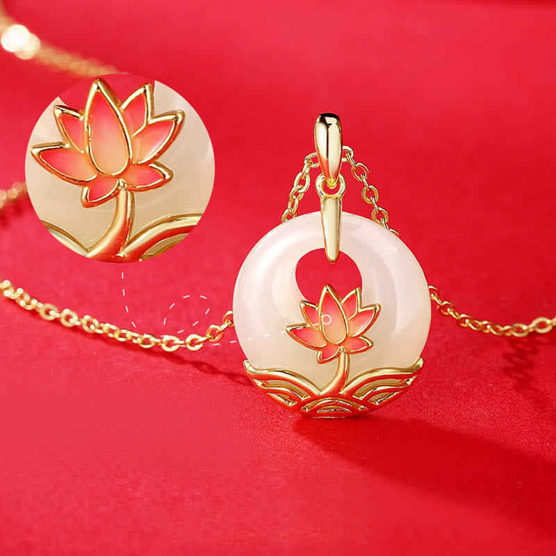 Sterling Silver Hetian White Jade Lotus Necklace – jade pendant with magnified lotus inlay, auspicious