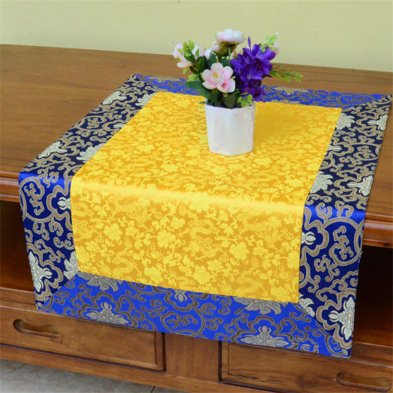 Dragon Vajra Altar Table Runner – Blue gold brocade runner on table with vase, sacred