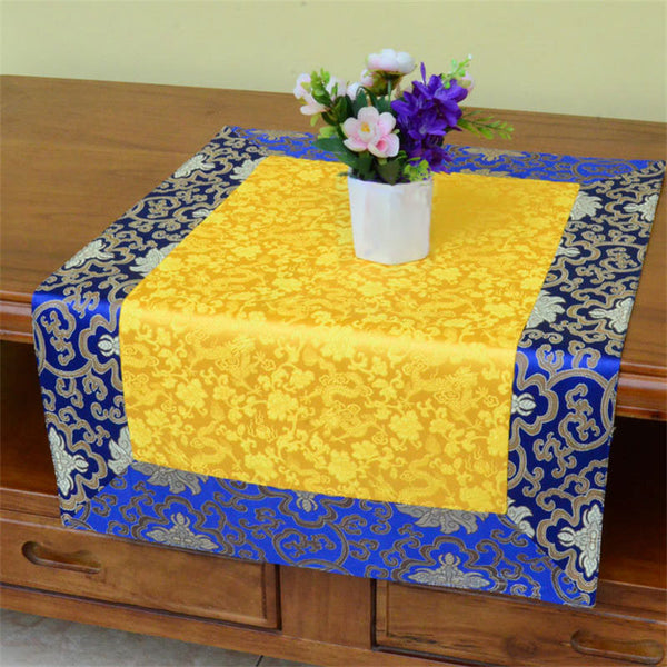 Dragon Vajra Altar Table Runner – Blue gold brocade runner on table with vase, sacred
