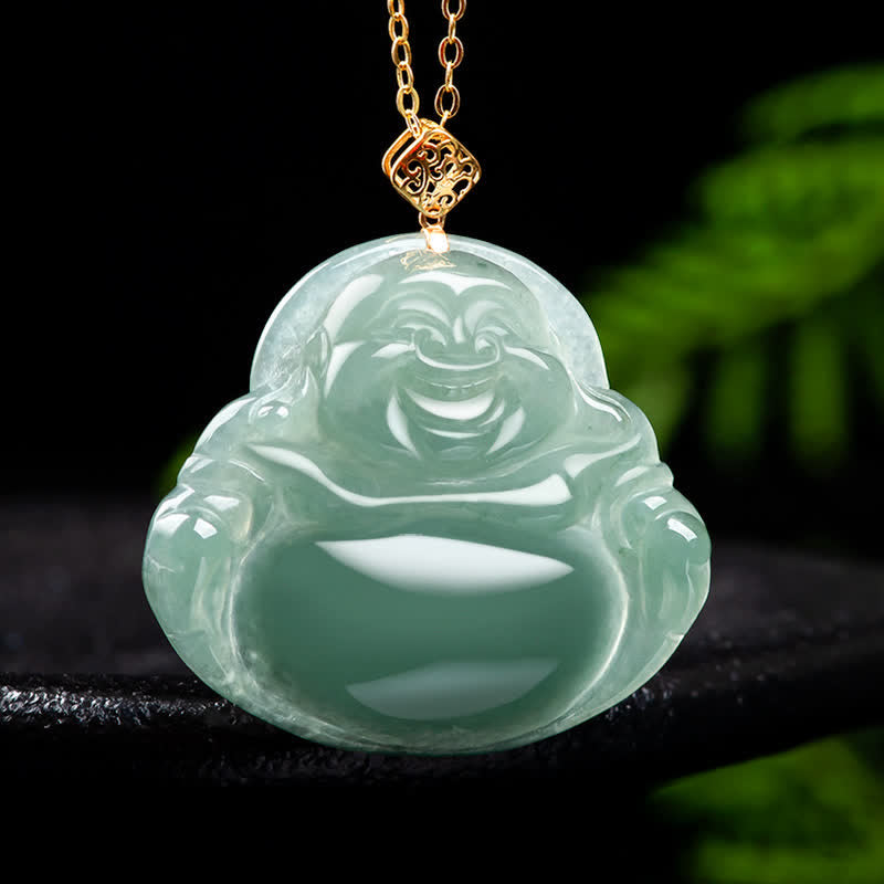 Laughing Buddha Jade Prosperity Necklace 18K Gold Abundance Pendant – two-tone gold jade necklace, sophisticated prosperity g