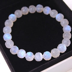 Natural Moonstone Lotus Love Bracelet - carved lotus beads with blue flash on velvet, moonstone jewelry