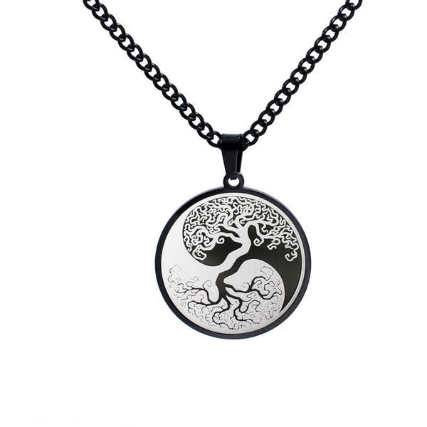 Tree of Life Titanium Steel Necklace – black yin-yang tree pendant on white background, frontal, Cuban link chain