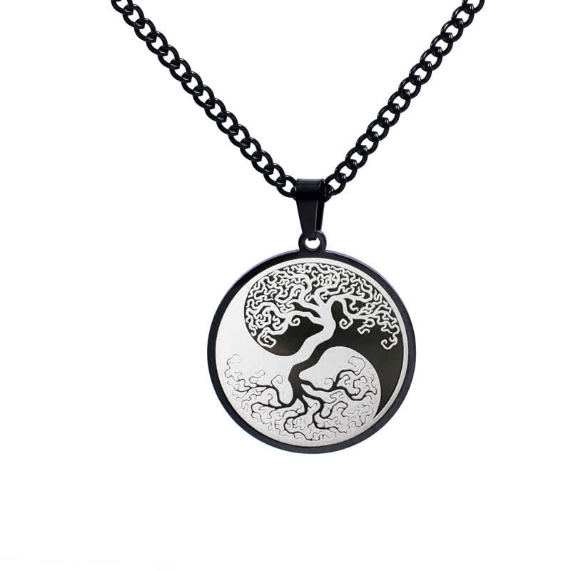 Tree of Life Titanium Steel Necklace – black yin-yang tree pendant on white background, frontal, Cuban link chain