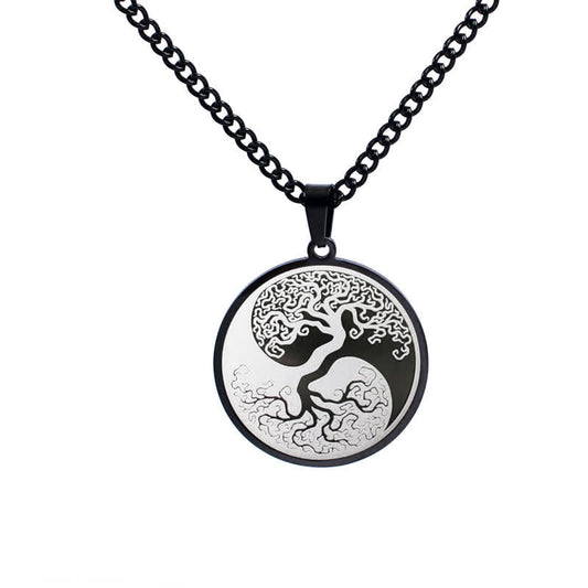 Tree of Life Titanium Steel Necklace – black yin-yang tree pendant on white background, frontal, Cuban link chain