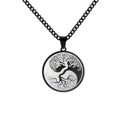 Tree of Life Titanium Steel Necklace – black yin-yang tree pendant on white background, frontal, Cuban link chain