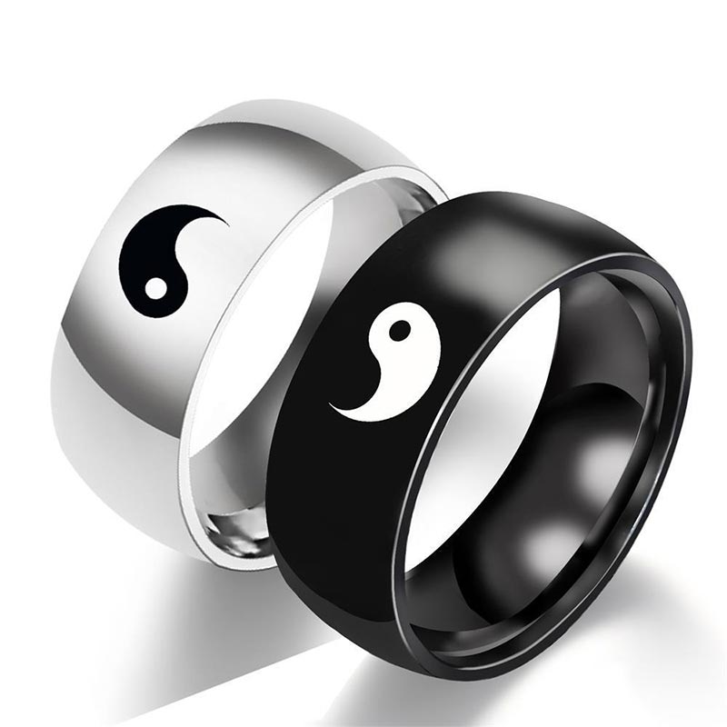 Yin Yang Titanium Steel Couple Ring - Matching black and silver yin-yang couple rings overlapping, balance harmony jewelry
