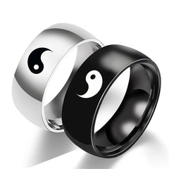 Yin Yang Titanium Steel Couple Ring - Matching black and silver yin-yang couple rings overlapping, balance harmony jewelry