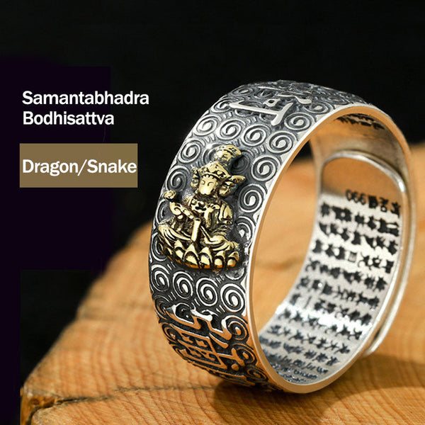 Natal Buddha Ring - Samantabhadra Bodhisattva gold figure on silver band, Virtuous