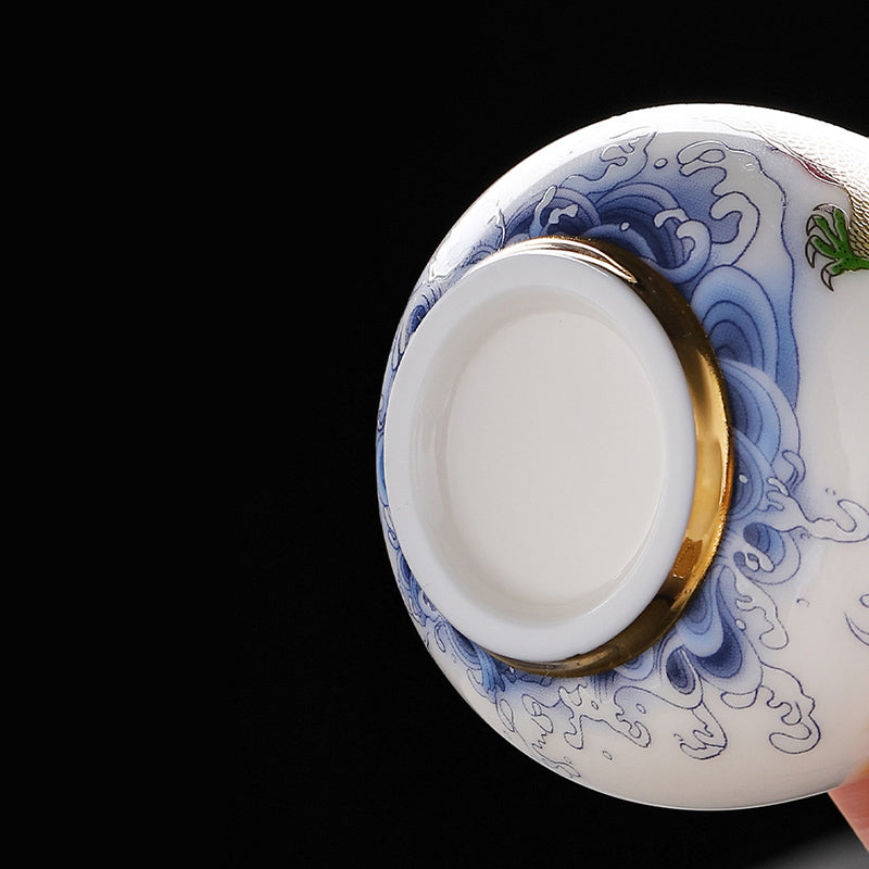 Dragon Phoenix Ceramic Teacup - Blue wave foot base with gold band detail, craftsmanship