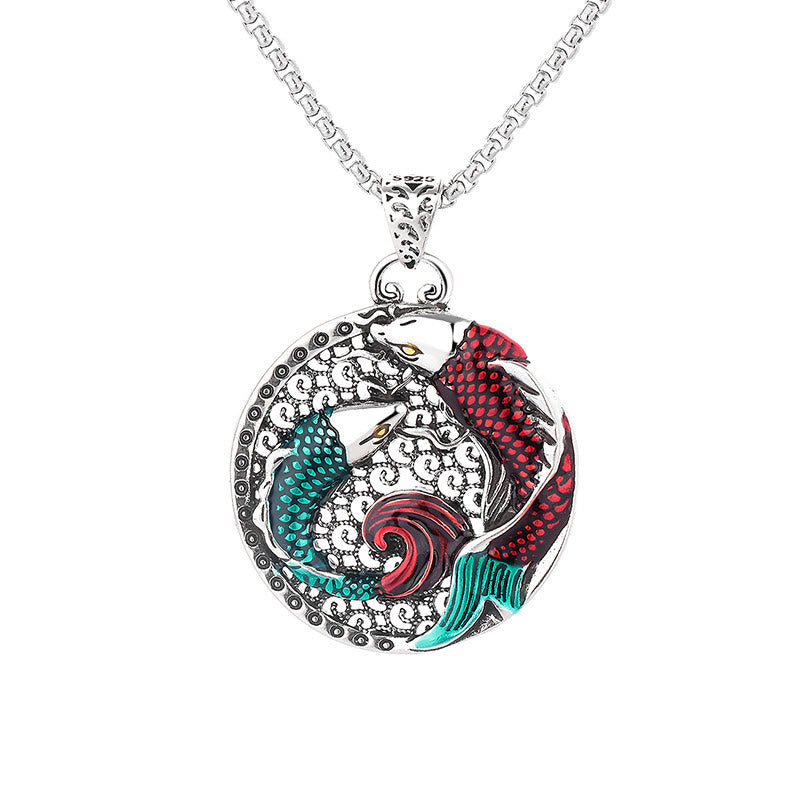 Tibetan Copper Koi Fish Healing Necklace – lifestyle shot, natural lighting warm tones