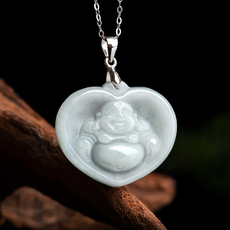 Laughing Buddha White Jade Luck Blessing Titanium Steel Necklace Pendant – Smooth white jade Maitreya luck charm
