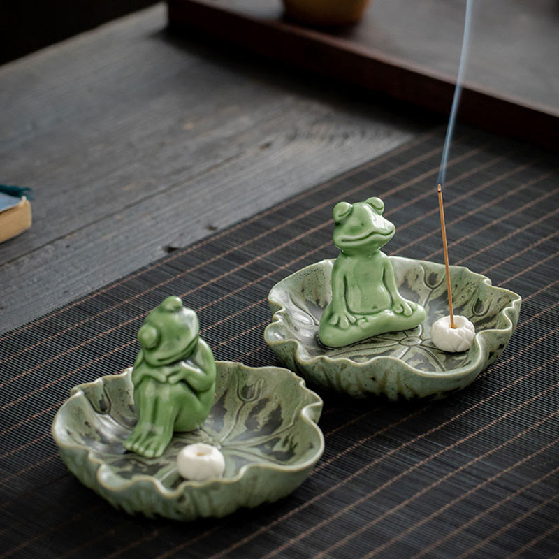 Ceramic Frog Incense Burner – Alternate angle on dark background, Artisan crafted