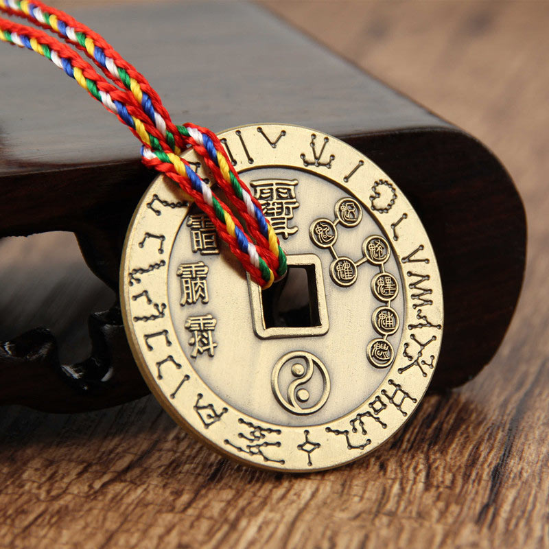 Taoist Yin Yang Copper Protection Amulet - Antique coin with thunder symbols, Taoist amulet