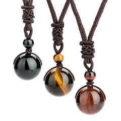 Tibetan Tiger Eye Obsidian Amethyst Protection Necklace – Three adjustable cord necklaces with black obsidian, golden tiger's eye, and red tiger's eye sphere pendants