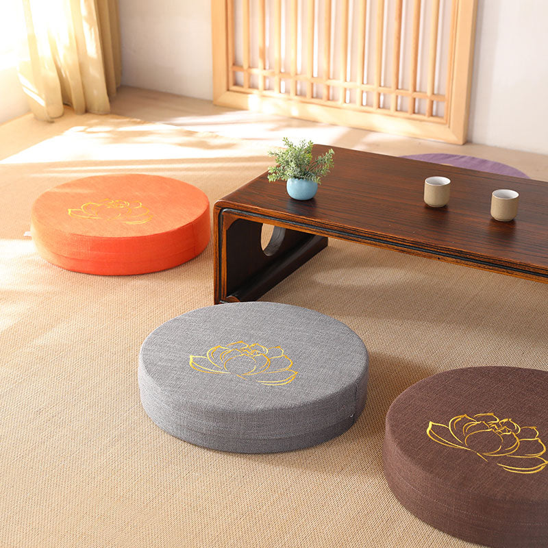 Lotus Meditation Cushion - Orange and gray floor cushion with low table, Japanese interior