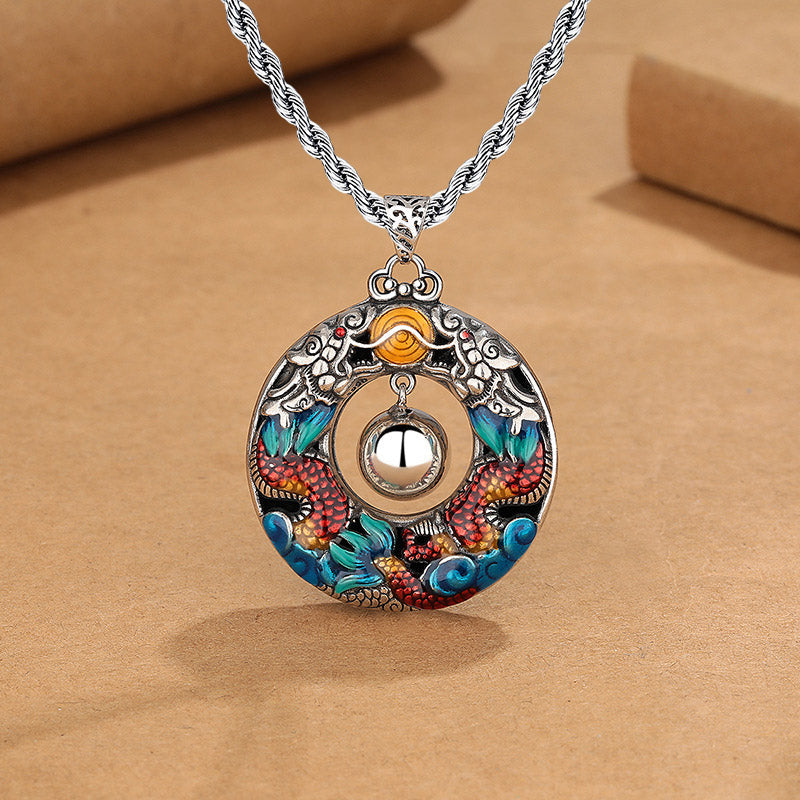 Double Dragon Copper Necklace – Dragon pendant with golden sun motif and dangling harmony ball, twisted rope chain