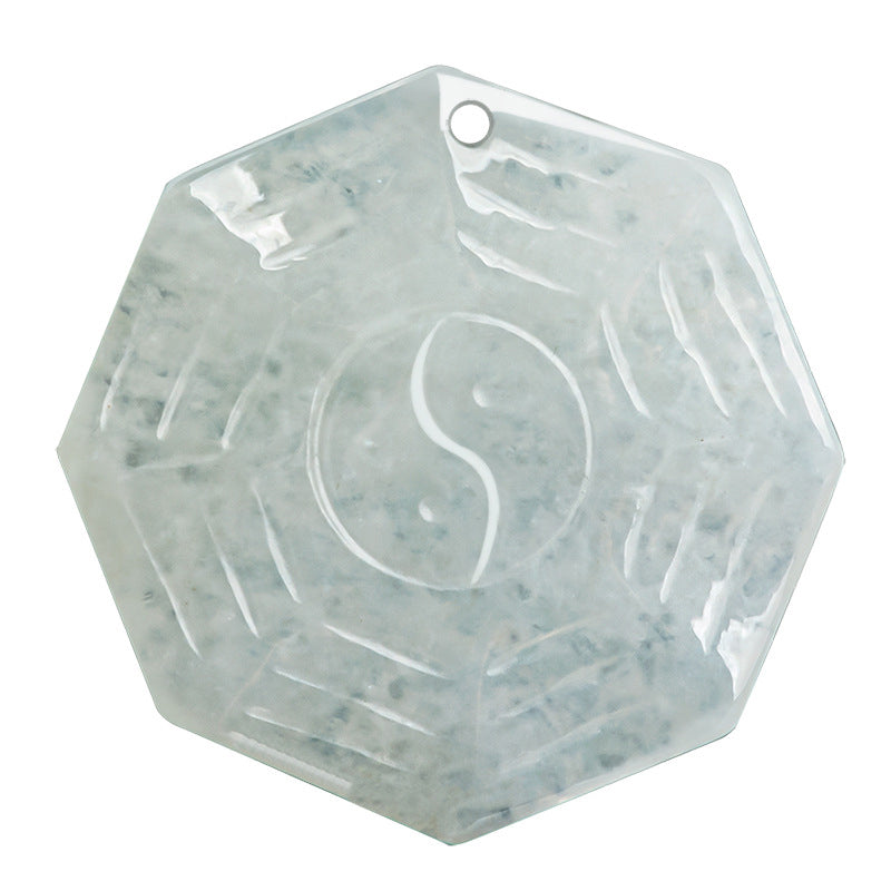 Natural Jade Bagua Yin Yang Luck Necklace - Octagonal jade pendant with bagua and yin yang carving on white background, feng 