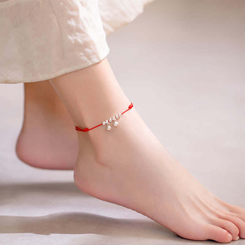 925 Sterling Silver Red String Bell Charm Anklet, image 4