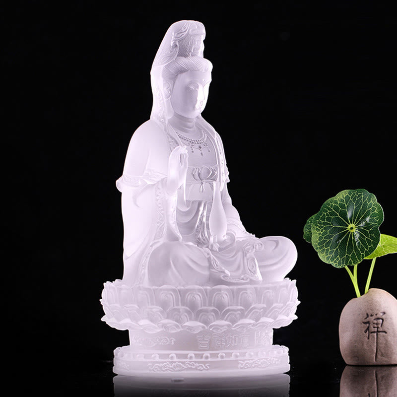 Kwan Yin Liuli Crystal Statue – Glowing amber layers showing master craftsmanship, Asian art
