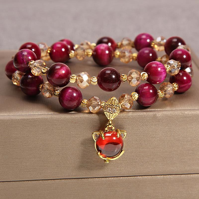 Tiger Eye Pixiu Fox Money Bag Bracelet - double-strand burgundy tiger eye beaded bracelet with red gemstone fox head charm, gold-tone fox ears, champagne crystal spacers, feng shui lucky jewelry