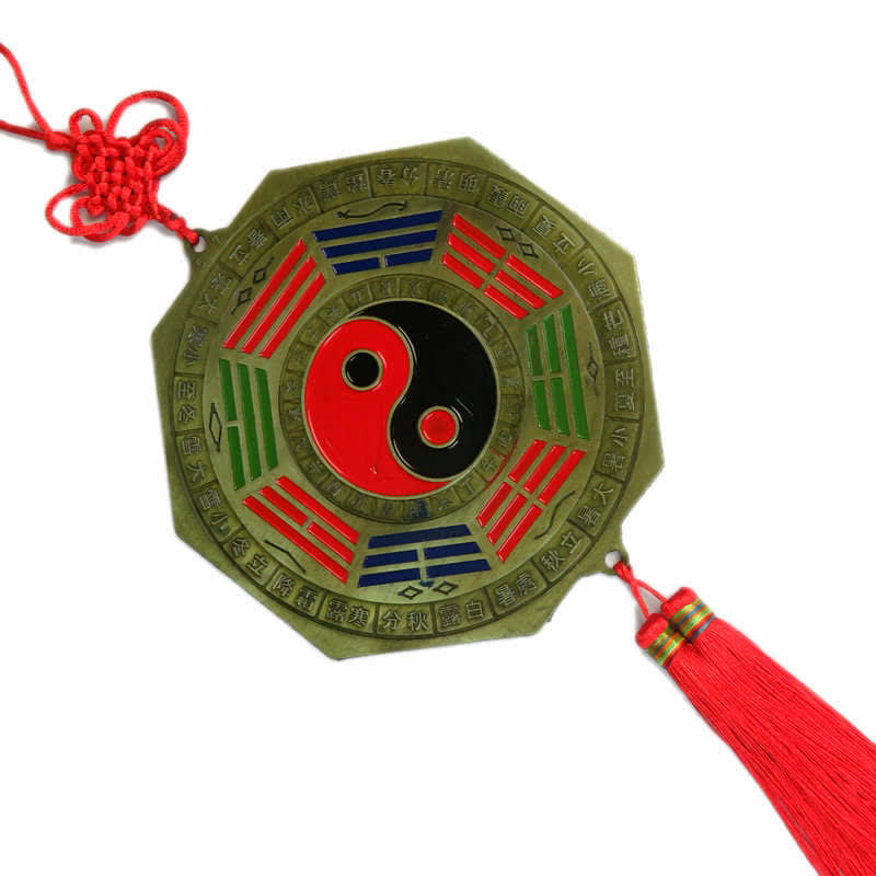 Feng Shui Bagua Map Mirror - Bagua mirror feng shui amulet with yin-yang, brass octagonal frame, colored trigrams and red si.