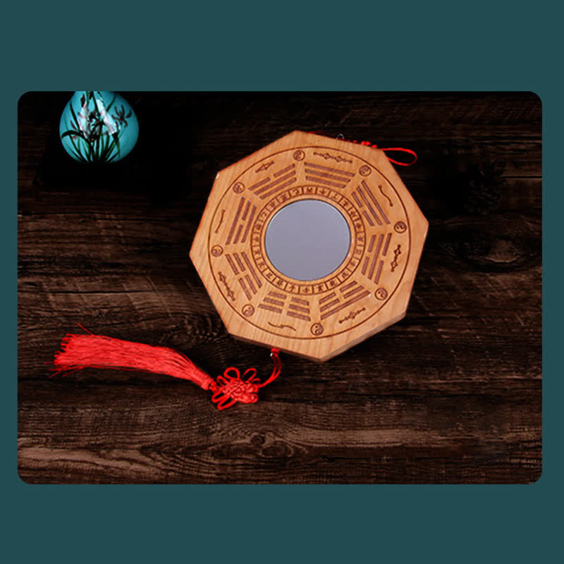 Peach Wood Bagua Map - 20cm wooden bagua mirror with trigram carvings red knots and teal border frame