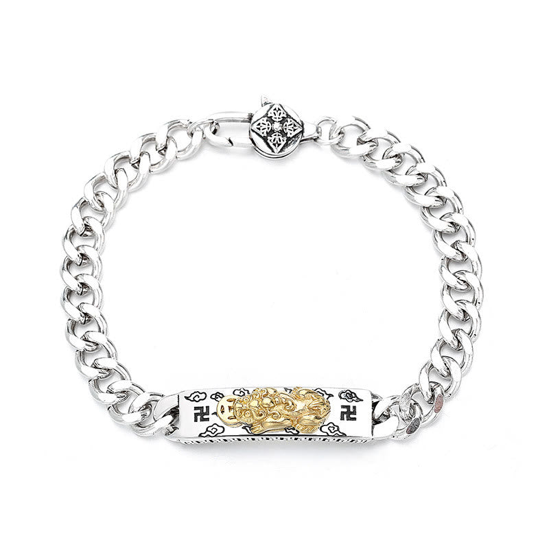 Om Mani Padme Hum PiXiu Swastika Wisdom Bracelet – silver chain bracelet with gold PiXiu isolated on white, gift
