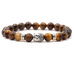 Purple Agate Tiger Eye Buddha Bracelet – tiger eye beads, silver Buddha head front view – front, courage