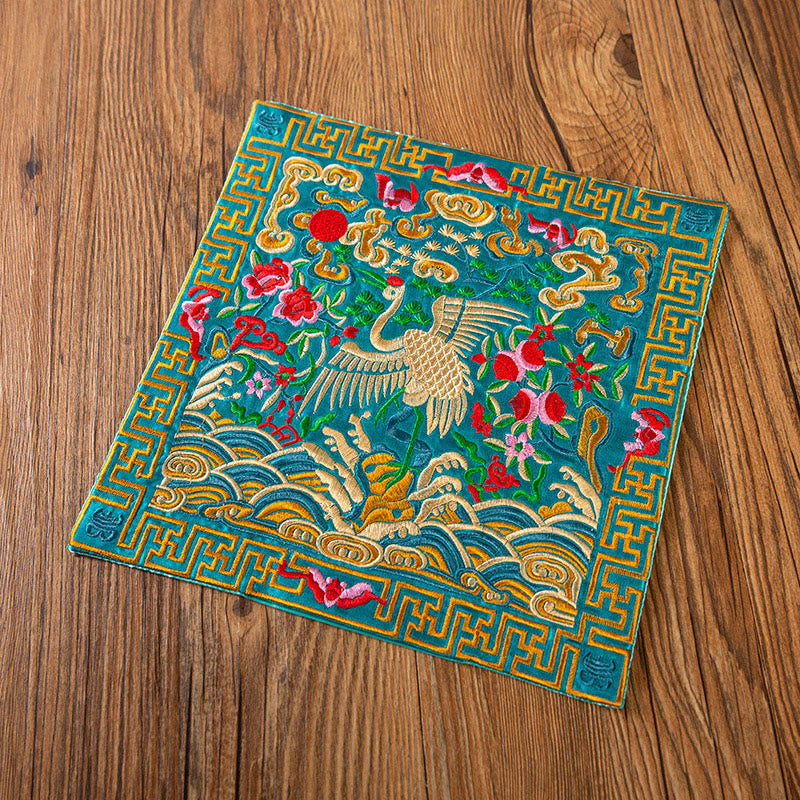 Phoenix Dragon Kirin Embroidery Tea Cup Mat - Teal base gold crane and peony motifs, Longevity Symbol