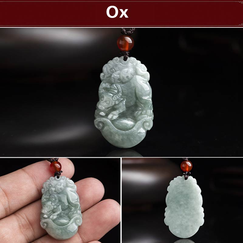 Natural Jade Chinese Zodiac Pendant – Ox multi-angle display with back view, strength