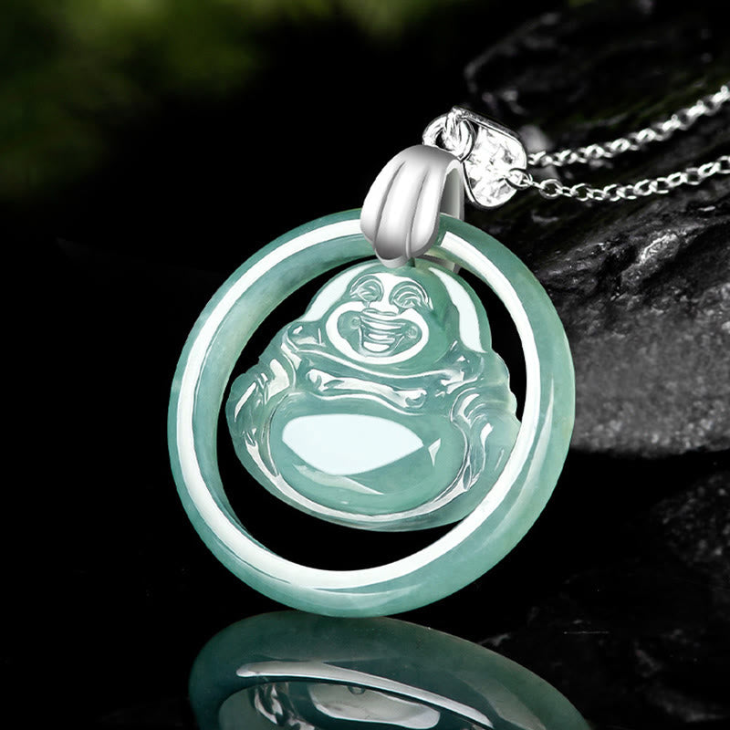 Jade Round Laughing Buddha Abundance Necklace – Translucent apple green jade, Buddhist abundance charm