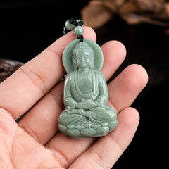 Amitabha Buddha Jade String Necklace - Hand-held pendant showing lotus base and swastika detail