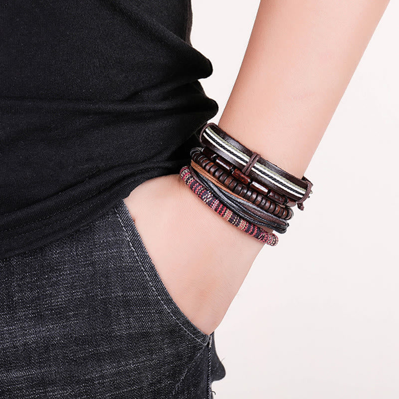 Red Sandalwood Hemp Leather Wrap Bracelet – four boho bracelets worn on wrist with black sleeve, lifestyle product shot