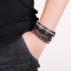 Red Sandalwood Hemp Leather Wrap Bracelet – four boho bracelets worn on wrist with black sleeve, lifestyle product shot