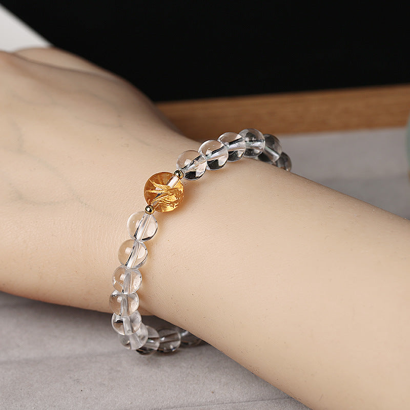 Black Obsidian White Crystal Onyx Dragon Bracelet - Beaded bracelet worn on wrist with crystal and amber accent, Protection
