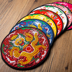 Dragon Embroidery Tea Cup Coaster Mat - seven color variants fanned on wood, golden dragon chasing pearl, collectible