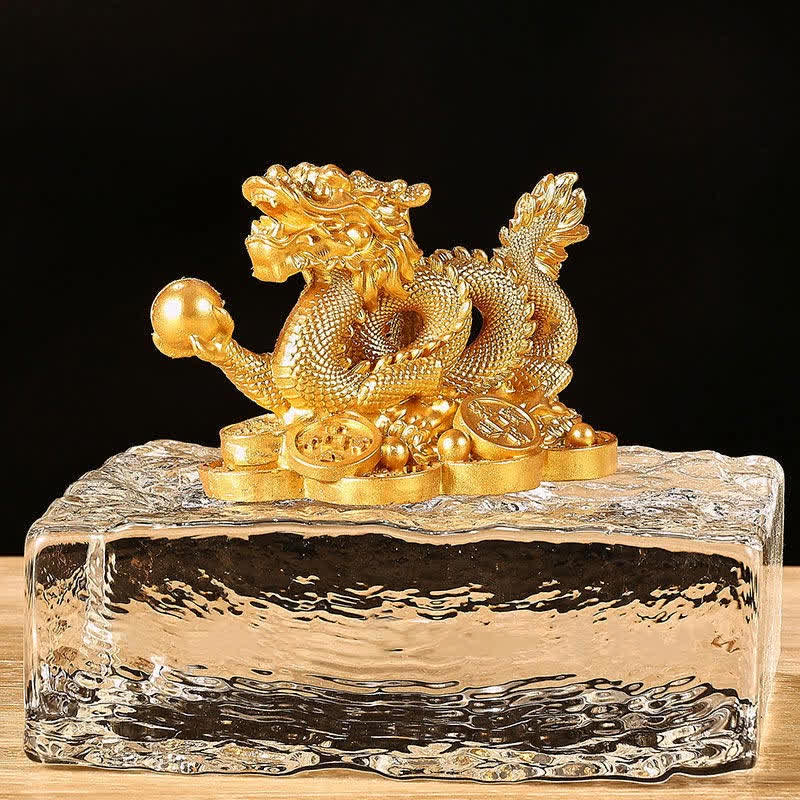 Dragon Copper Coin Decoration - Gold dragon on crystal pedestal with coins, prosperity decor piece