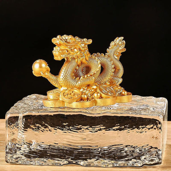 Dragon Copper Coin Decoration - Gold dragon on crystal pedestal with coins, prosperity decor piece