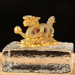 Dragon Copper Coin Decoration - Gold dragon on crystal pedestal with coins, prosperity decor piece