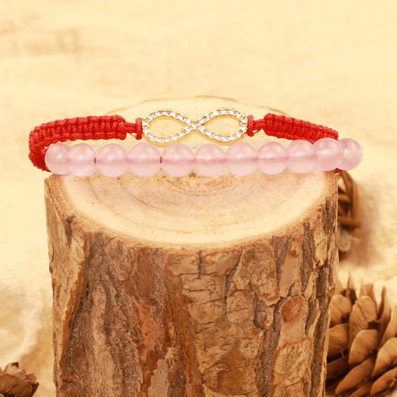 Tibetan Lotus Pink Crystal Red String Bracelet - infinity charm on wood slice, artisan nature photography