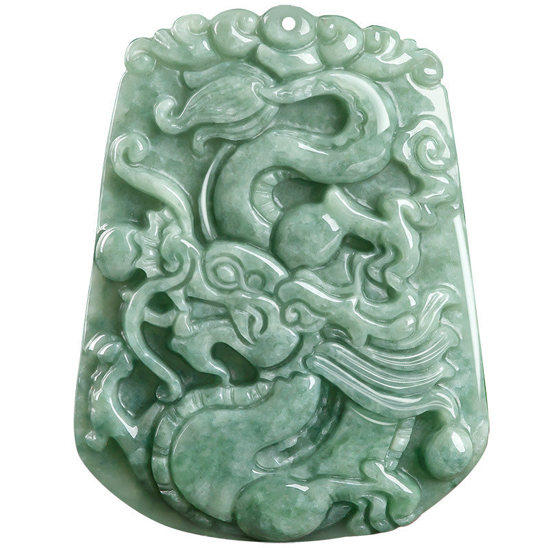 Chinese Zodiac Dragon Jade Strength Necklace - white background studio shot of carved dragon jade plaque, strength