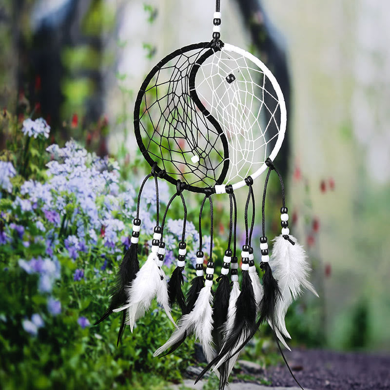 Yin Yang Dream Catcher with Feathers – Dreamcatcher with purple flower garden backdrop, wall art