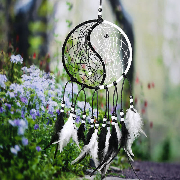Yin Yang Dream Catcher with Feathers – Dreamcatcher with purple flower garden backdrop, wall art
