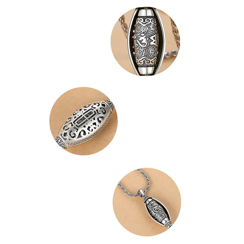 Tibetan Om Mani Padme Hum Pendant Necklace – three-angle view of oval medallion on white, Buddhist jewelry