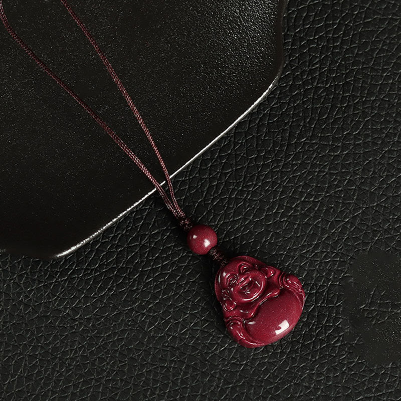 Laughing Buddha Cinnabar Necklace Key Chain Phone Hanging Decoration – carved cinnabar Hotei figure, abundance happiness tali