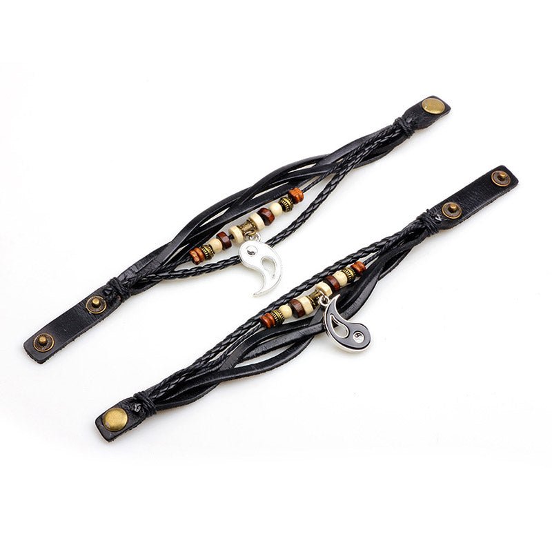 Copper Yin Yang Balance Bracelet - Matching couples yin-yang leather bracelets on white background