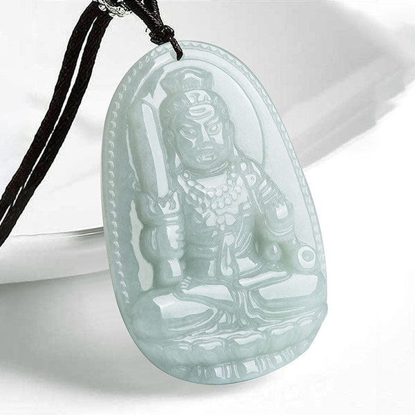 Zodiac Buddha Jade Necklace – front closeup of Buddha jade pendant holding sword, fierce guardian protector carving