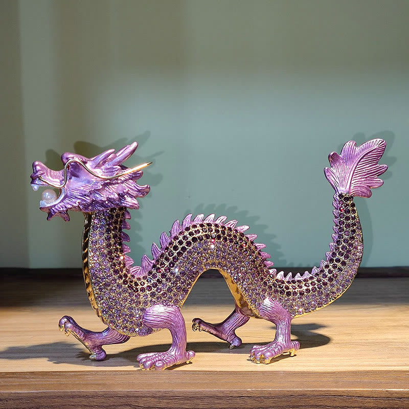 Handmade Feng Shui Dragon Decoration – Purple dragon lateral profile, gold spines, dragon pearl, crystal body, Noble