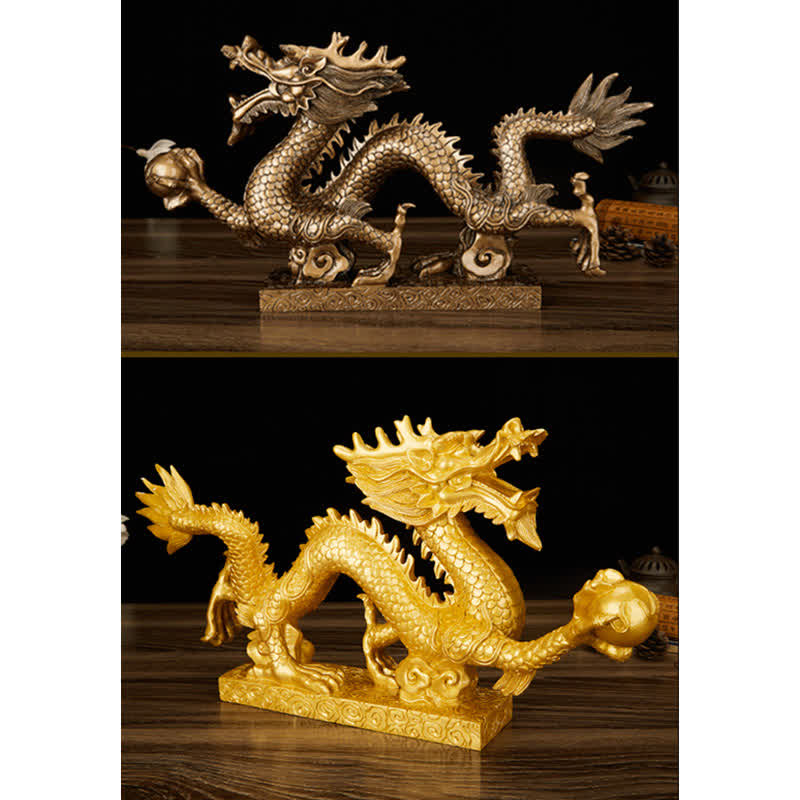 Dragon Statue Duo - bronze and gold dragons dark wood, finish options, striking
